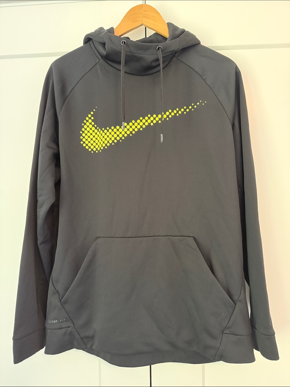 Nike Men's Black Hoodie with Neon Yellow Swoosh